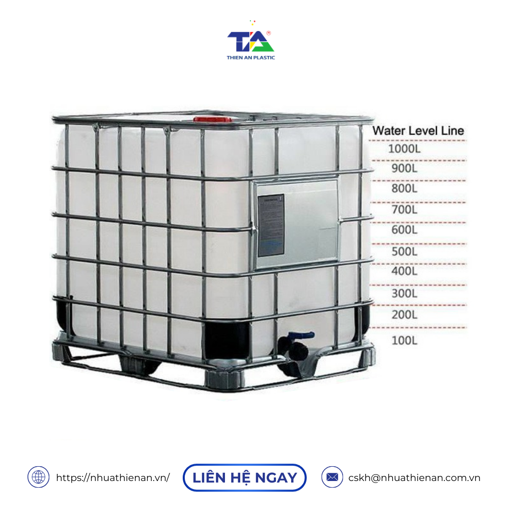 Tank nhựa IBC 1000 lít là bồn chứa công nghiệp dung tích lớn, thiết kế chuyên dụng để lưu trữ và vận chuyển chất lỏng