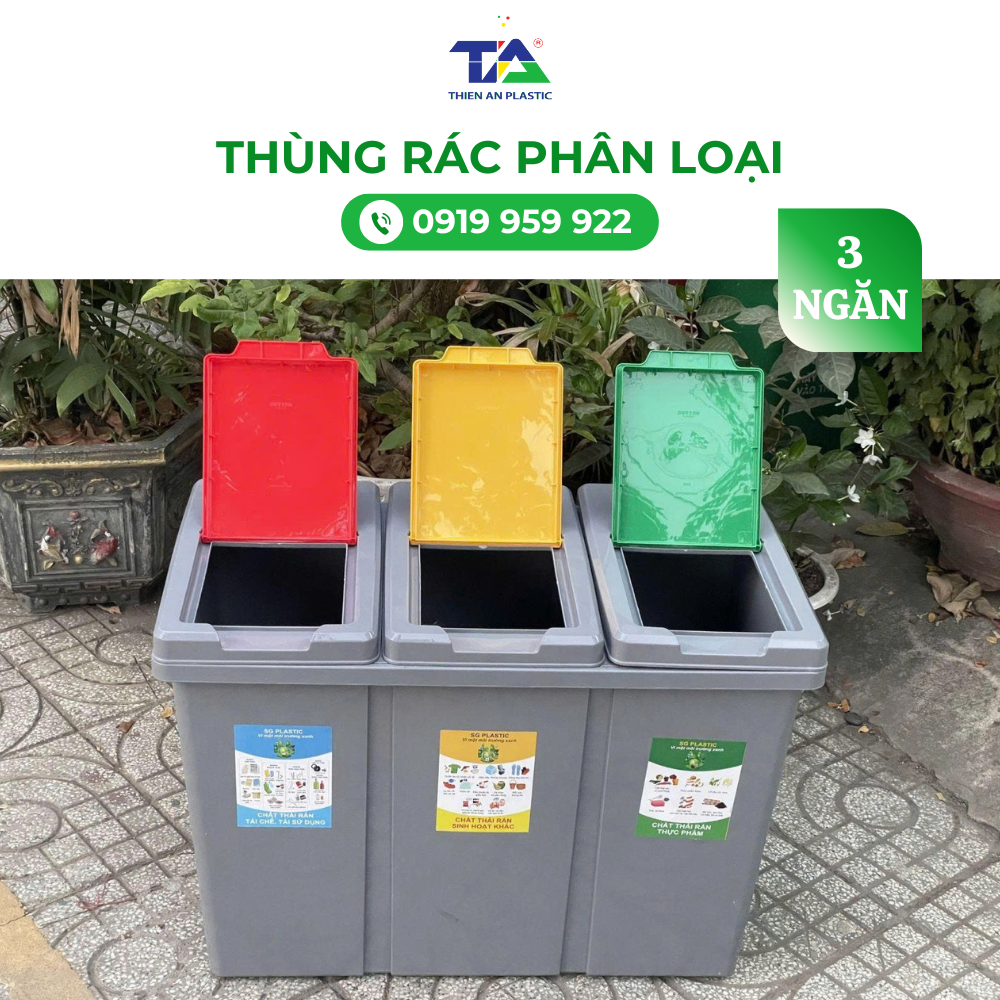 Thùng rác nhựa 3 ngăn với màu sắc – nhãn dán tiêu chuẩn phân loại hiệu quả